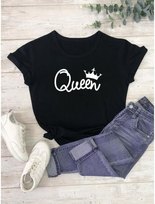Shein Letter And Crown Print Tee