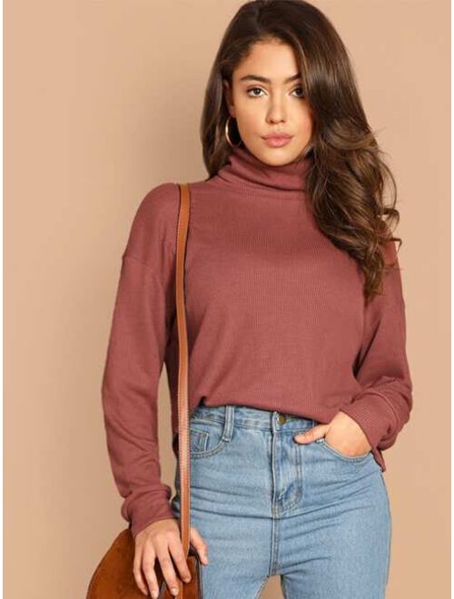 Shein High Neck Waffle Knit Pullover