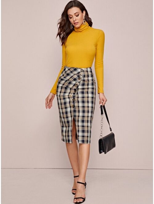 Shein Button Front Plaid Pencil Skirt