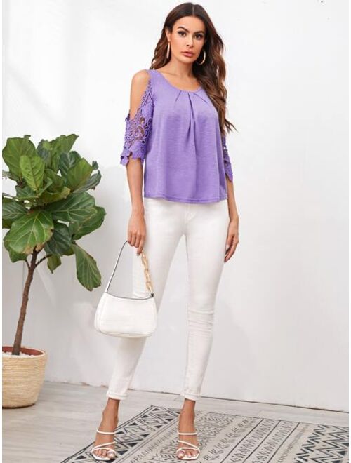 Shein Fold Pleated Front Cold Shoulder Guipure Lace Sleeve Top