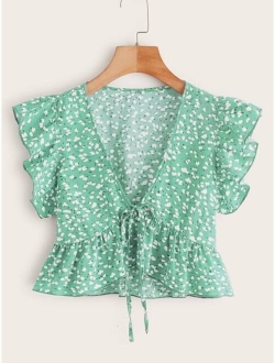 Ditsy Floral Tie Front Ruffle Hem Top
