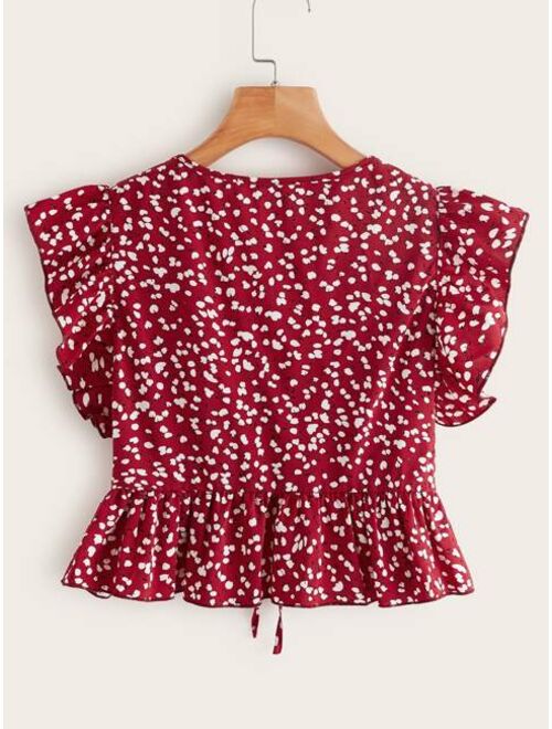 Shein Ditsy Floral Tie Front Ruffle Hem Top