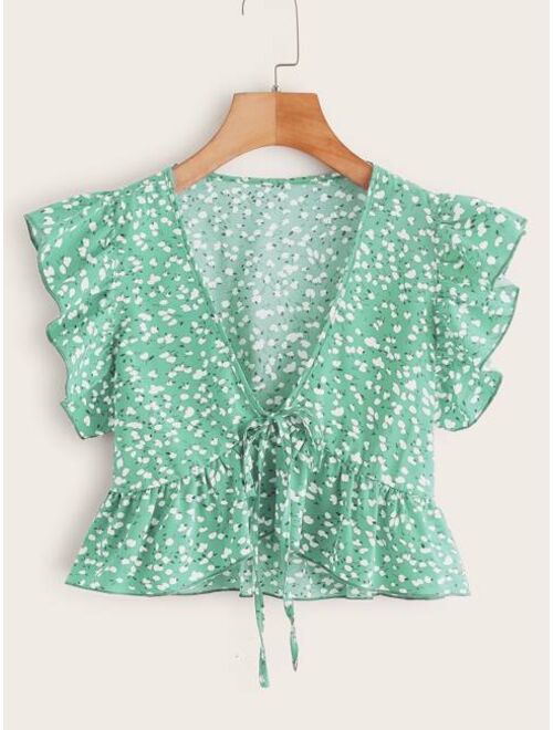 Shein Ditsy Floral Tie Front Ruffle Hem Top