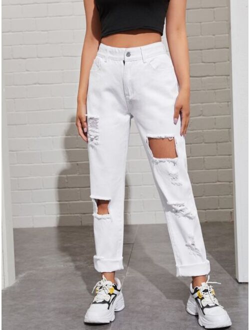 Destroyed Ripped Solid Mom Jeans