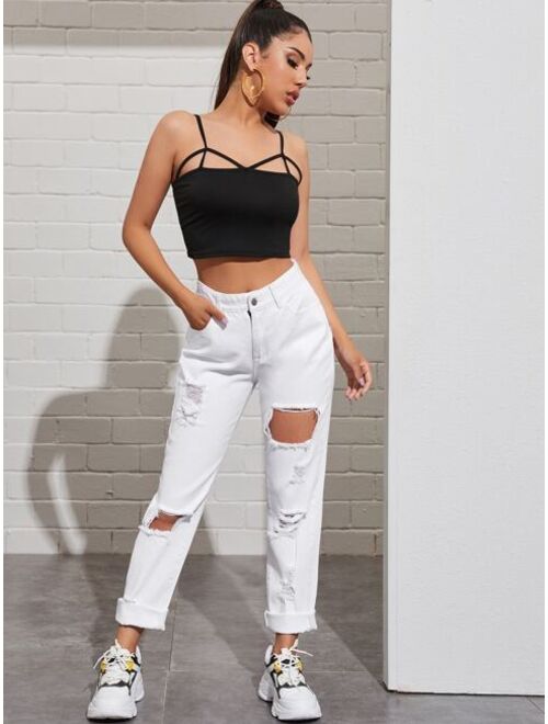 Destroyed Ripped Solid Mom Jeans