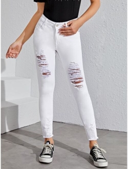 Ladder Distressed Raw Hem Jeans Without Belted