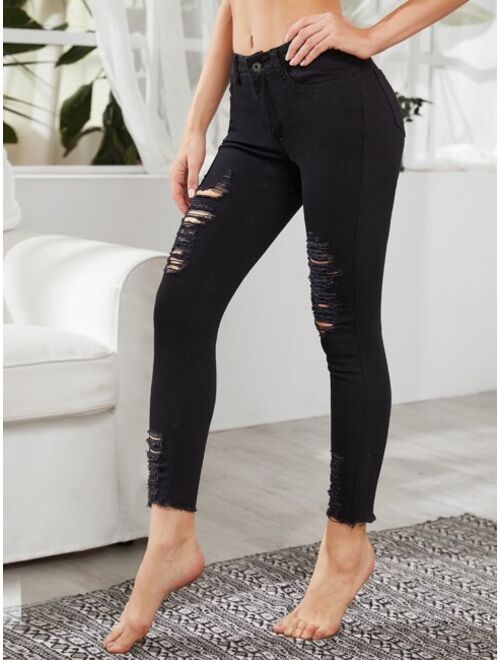 Shein Ladder Distressed Raw Hem Jeans Without Belted