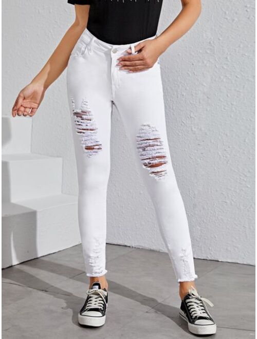 Shein Ladder Distressed Raw Hem Jeans Without Belted