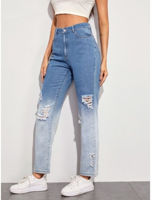 Two Tone Ripped Mom Jeans