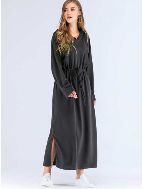 Shein Drawstring Waist Split Side Longline Hooded Dress