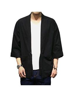 Men's Cotton Blends Linen Open Front Cardigan Embroidery Kimono Jackets