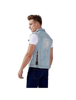 DOHAOOE Mens Camo Ripped Denim Vest Retro Stitching Outdoor Sleeveless Jacket