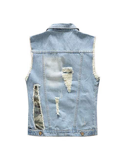 DOHAOOE Mens Camo Ripped Denim Vest Retro Stitching Outdoor Sleeveless Jacket