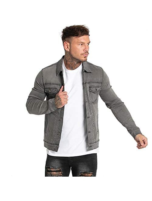GINGTTO Men's Distressed Denim Trucker Jackets Slim Fit with Patches