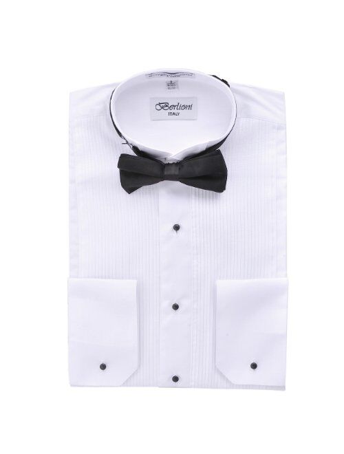Modern Mens Cufflink Convertible White Tuxedo Dress Shirt + Black Bowtie