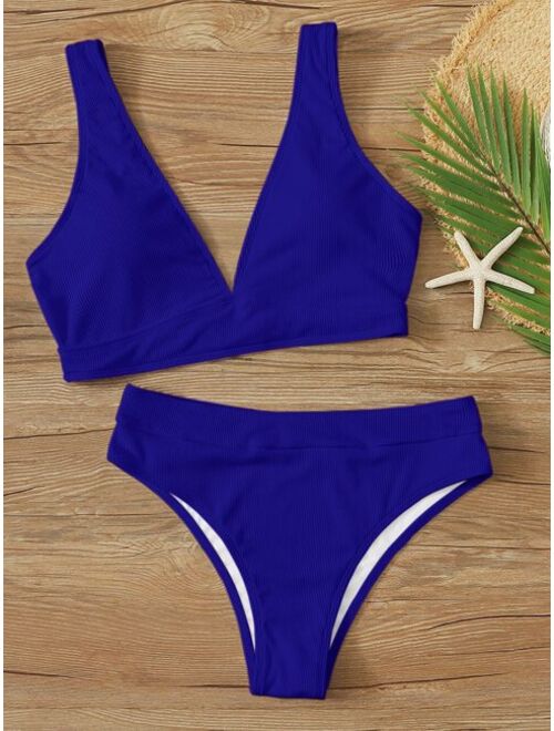 Buy Shein Rib V Neck Bikini Swimsuit online | Topofstyle