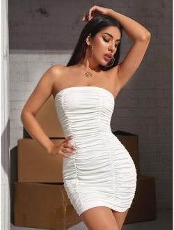 Solid Ruched Tube Dress