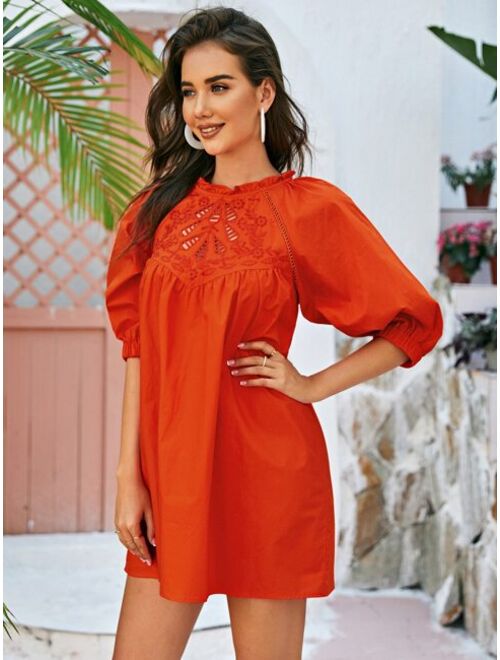 Frill Neck Embroidered Tunic Dress