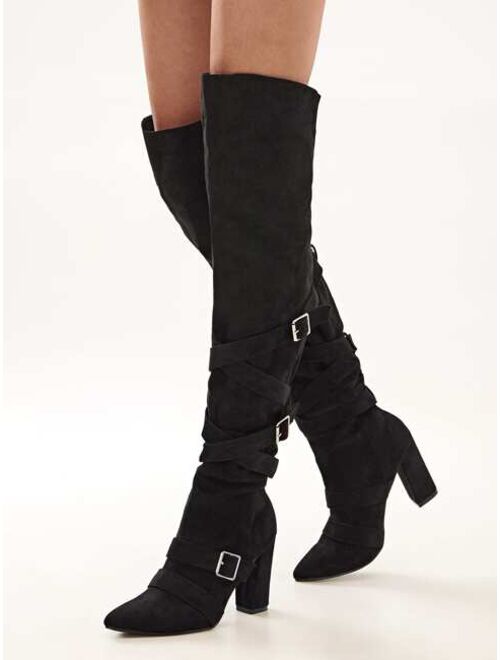 Black Suade Buckle Strap Chunky High Heeled Riding Boots