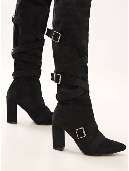Black Suade Buckle Strap Chunky High Heeled Riding Boots