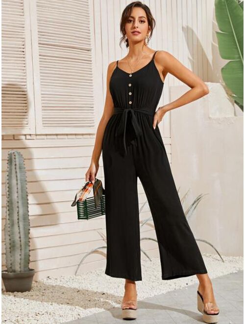 Shein Button Front Self Belted Wide Leg Cami Jumpsuit