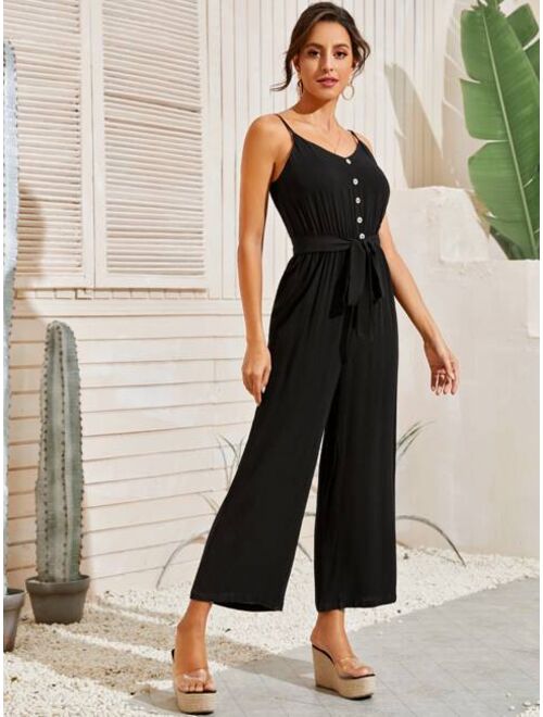 Shein Button Front Self Belted Wide Leg Cami Jumpsuit