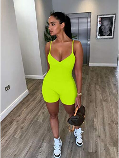 LAGSHIAN Women Sexy Spaghetti Strap V Neck Romper Sports Bodysuit One Piece Short Jumpsuit