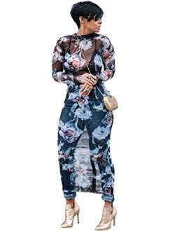 Recious Womens Sexy Long Sleeve Turtleneck Floral Printed See-Through Bodycon Party Clubwear Dress