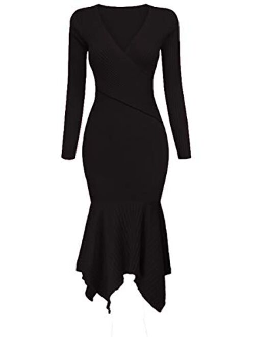 Uotige Womens Stretchable Elasticity Slim Fit Sweater Dress Surplice Wrap Bodycon Knit Maxi Dress