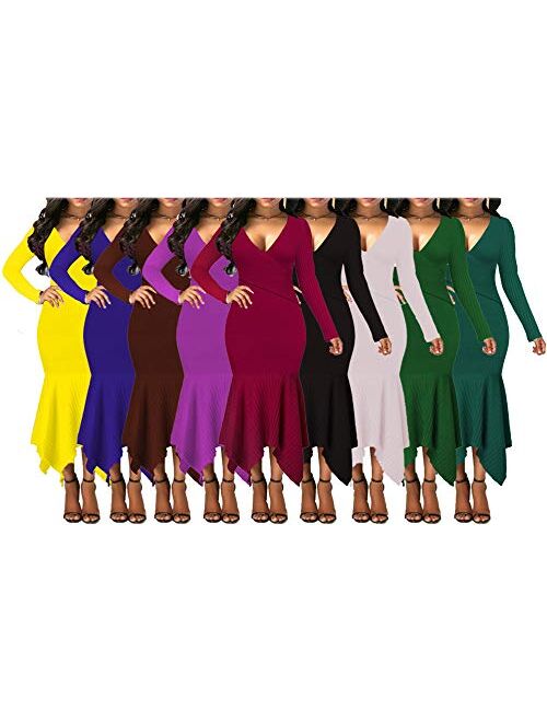 Uotige Womens Stretchable Elasticity Slim Fit Sweater Dress Surplice Wrap Bodycon Knit Maxi Dress