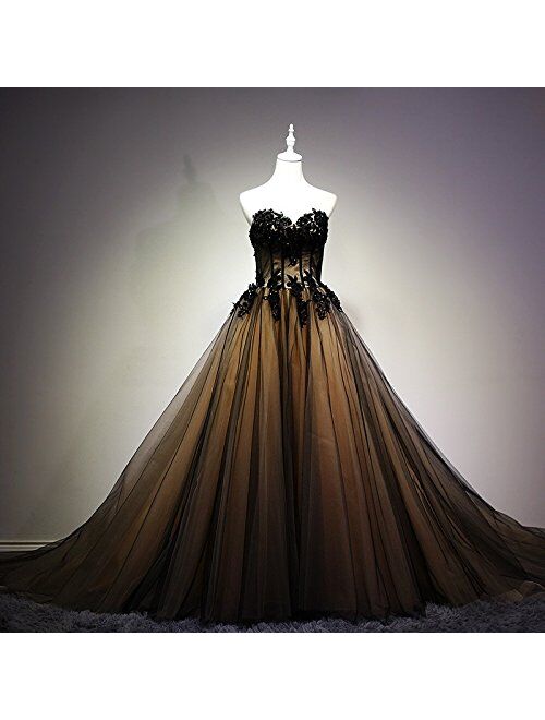 Kivary Sweetheart Black Tulle Gold Lace Corset Ball Gown Gothic Prom Wedding Dresses