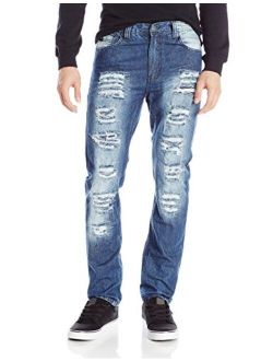 Men's Long Denim Pants with Multiple Horizontal Rips in Carrot Fit