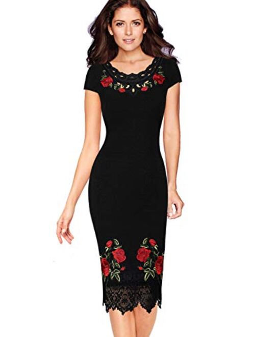 VFSHOW Womens Floral Embroidered Work Business Office Cocktail Party Dress