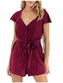 Women's Rompers Casual Short Sleeves V Neck Button Down Backless Black Tie Short Short Jumpsuit Playsuit