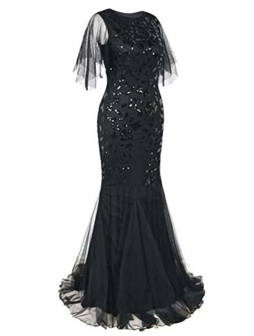 kayamiya Women's 1920s Maxi Long Prom Gowns Sequin Mermaid Hem Evening Dress with Sleeves