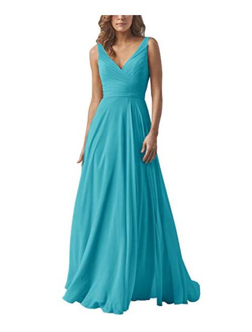 Yilis Double V-Neck Ruched Bodice A-line Bridesmaid Dress Floor Length Formal Evening Prom Gowns