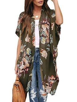 Ivay Womens Floral Kimono Duster Cardigans Short Sleeve Draped Oversized Beach Cover Up Cape