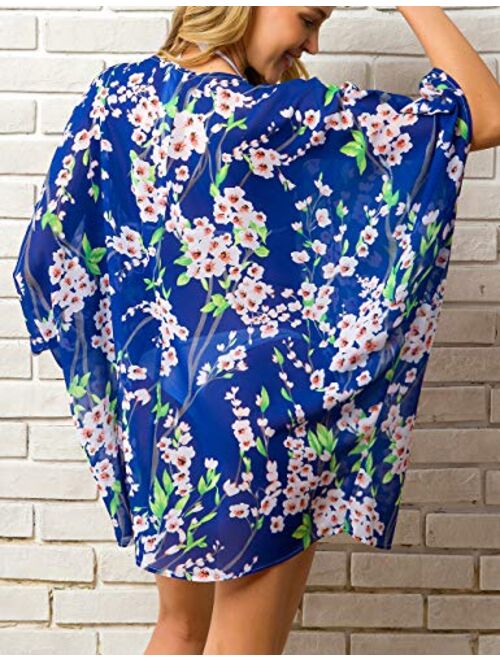 Traleubie Women's Beach Cover Up Floral Print Chiffon Summer Swimwear Kimono Cardigan