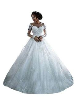 Andybridal Women's Ball Gown Appliques Lace Long Sleeves Bridal Wedding Dress