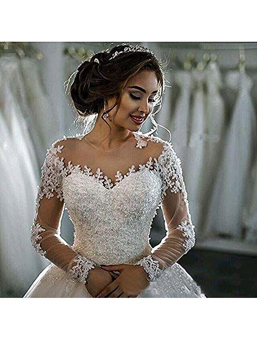 Andybridal Women's Ball Gown Appliques Lace Long Sleeves Bridal Wedding Dress