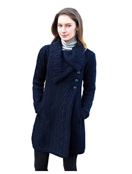 100% Merino Wool Aran Crafts Ladies 3 Button Long Cardigan Navy