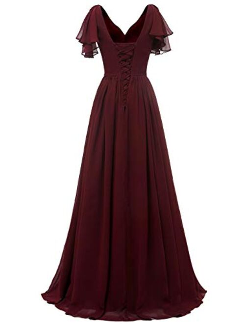 Yexinbridal Ruffle Sleeves Bridesmaid Dress V-Neck Chiffon Long Fomal Wedding Evening Gowns