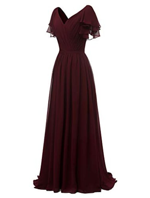Yexinbridal Ruffle Sleeves Bridesmaid Dress V-Neck Chiffon Long Fomal Wedding Evening Gowns