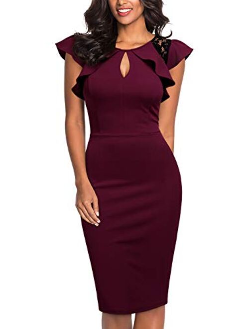 Knitee Women's Vintage Ruffle Trim Lace Floral Sleeveless Cut Out Bodycon Cocktail Sheath Formal Dress