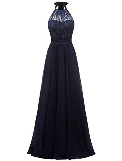 Women's Halter Bridesmaid Dress Lace Top Long Chiffon Evening Prom Ball Gown