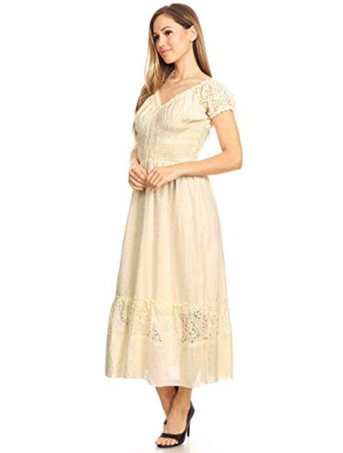 Anna Kaci Anna-Kaci Renaissance Peasant Maiden Boho Inspired Cap Sleeve Lace Trim Dress