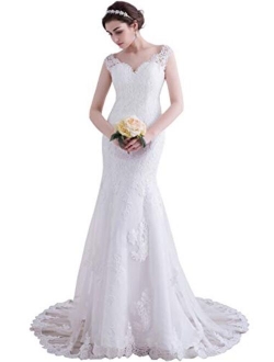 Women's V-Neck Off The Shoulder Lace Tulle Mermaid Wedding Dresses Bridal Gown