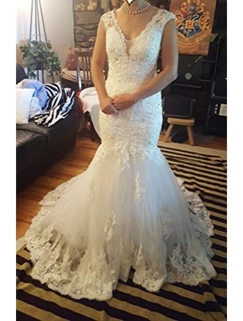 Women's V-Neck Off The Shoulder Lace Tulle Mermaid Wedding Dresses Bridal Gown