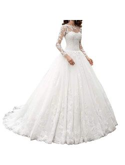 OWMAN New Women's Long Sleeves Scoop Lace Ball Gown Wedding Dress Bridal Gowns