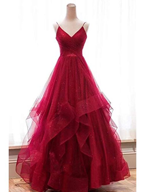 V-Neck Prom Dresses Long Glitter Tulle Spaghetti Ball Gown Wedding Dress for Women Party